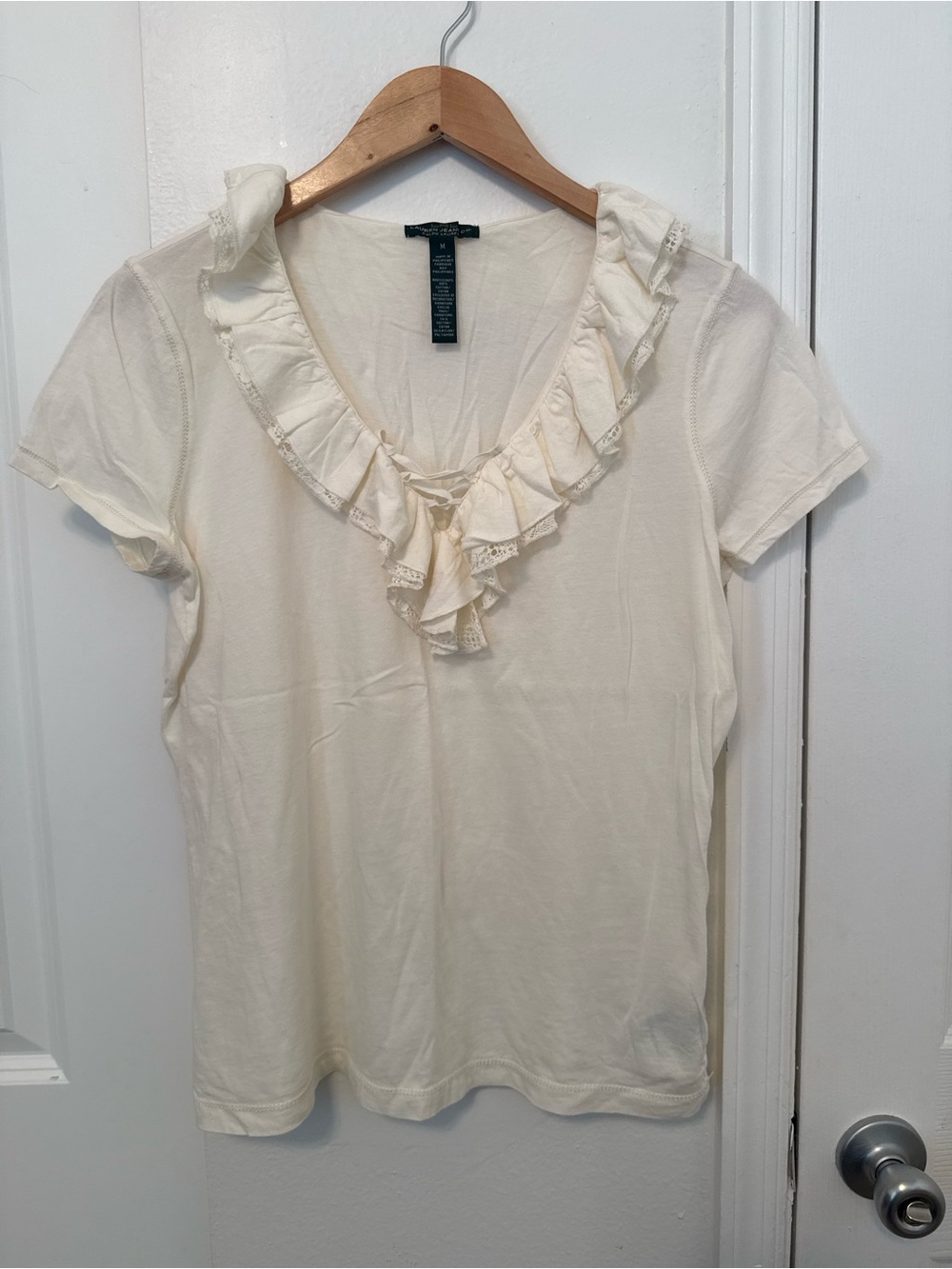 Ralph Lauren Cream Short Sleeve Ruffled V-Neck Tee